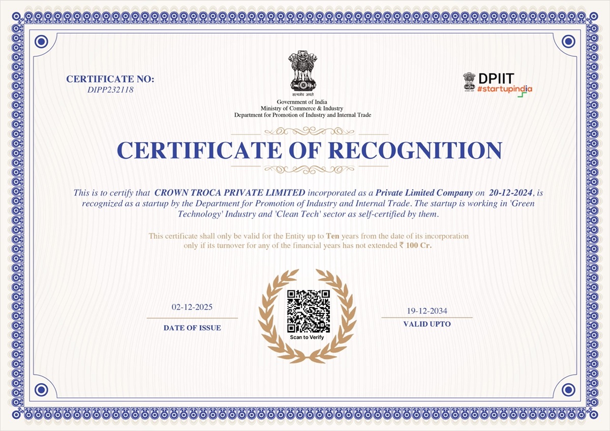 Crown Troca Private Limited — Startup India / DPIIT recognition certificate
